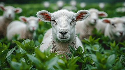 A close-up of sheep grazing in a grassy field - obrazy, fototapety, plakaty