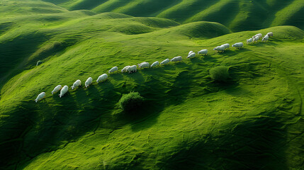 A row of sheep stands on a grassy hill - obrazy, fototapety, plakaty