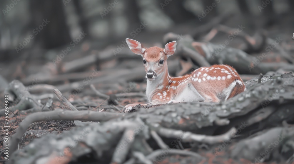 Wall mural a small deer laying on top of a forest floor next to a pile of tree branches and a fallen down tree.