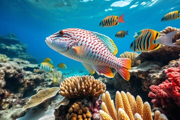 Obraz premium Exotic сolorful group underwater fish ocean aquarium beautiful tropical coral reef. Oceanarium animal wildlife marine ecology panorama water nature snorkel diving ecosystem environmental save planet