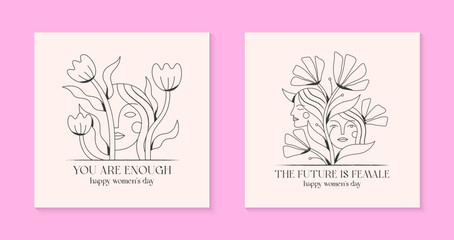 Girly vector illustrations with woman faces.Stylish prints for t shirts,posters,cards with flowers.Linear black and white concepts.Feminism quote and woman motivational slogans.Women's day greetings