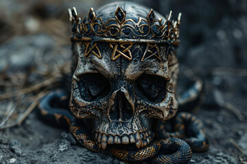 A gothic skull with a crown, a snake and a pentagram
