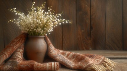 a vase filled with white flowers sitting on top of a wooden floor next to a blanket and a wooden wall.