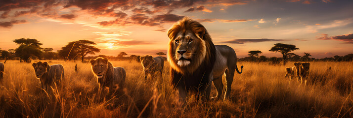 Majestic Lions Roaming the Grasslands: A Striking Depiction of Animal Kingdom's Regal Might during Sunset - obrazy, fototapety, plakaty