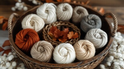 Fototapeta na wymiar a basket filled with balls of yarn sitting on top of a pile of white and orange flowers next to cotton floss.