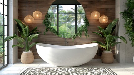 a large white bath tub sitting in a bathroom next to two potted plants and a round mirror on the wall.