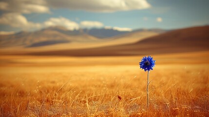 a lone blue flower in the middle of a field of tall grass with mountains in the distance in the distance.
