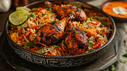 mandi dish with spiced rice and grilled chicken