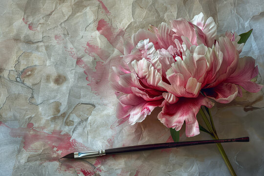 A graceful peony blooms against a textured paper background. Its petals blend shades of pink and crimson.