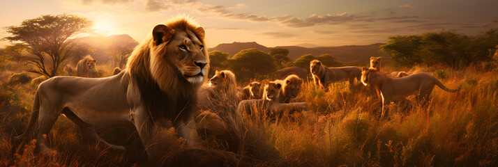 Majestic Lions Roaming the Grasslands: A Striking Depiction of Animal Kingdom's Regal Might during Sunset - obrazy, fototapety, plakaty