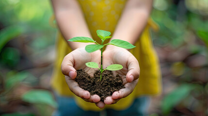 Naklejka na ściany i meble World environment day concept. Earth Day In the hands of trees growing seedlings. Child hands holding big tree over blurred abstract beautiful green nature background