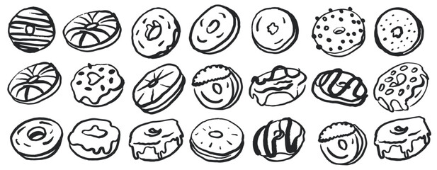Hand drawn donut set on white background. Collection of cute donuts in doodle style. Outlined. Fat Thursday.