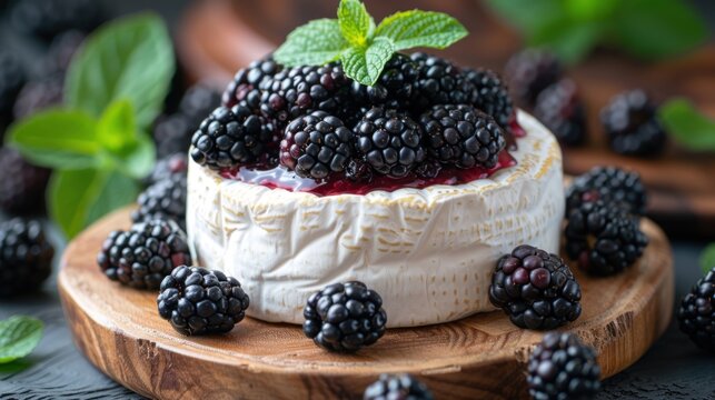 a close up of a cake on a wooden plate with blackberries and mint leaves on the top of it.