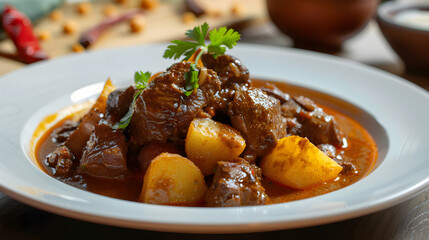 Savory beef stew with potatoes on plate