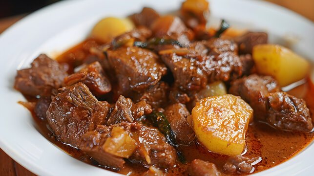 Hearty beef stew with potatoes on plate