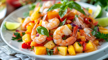 Tropical shrimp salad with fresh mango and herbs