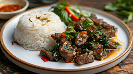 Thai basil beef with steamed rice and vegetables