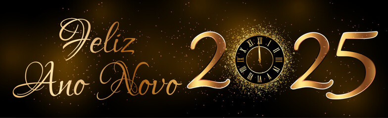 cartão ou banner para desejar um feliz ano novo 2025 em ouro o 0 é substituído por um relógio em um fundo gradiente preto e marrom - obrazy, fototapety, plakaty