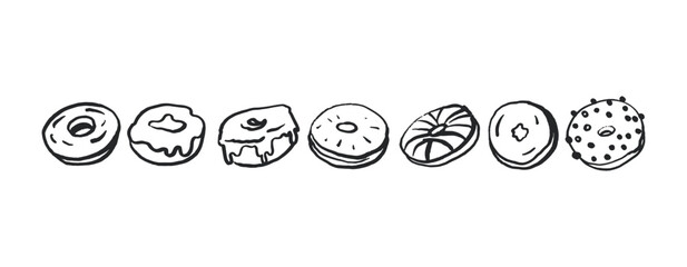 Hand drawn donut set on white background. Collection of cute donuts in doodle style. Outlined. Fat Thursday.