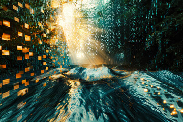 A digital dreamscape--waves of pixelated light cascade downward.