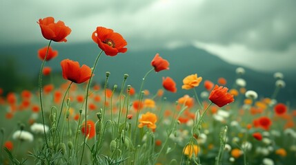 Obraz premium a field of red and yellow flowers with a mountain in the backgroup of the picture in the background.