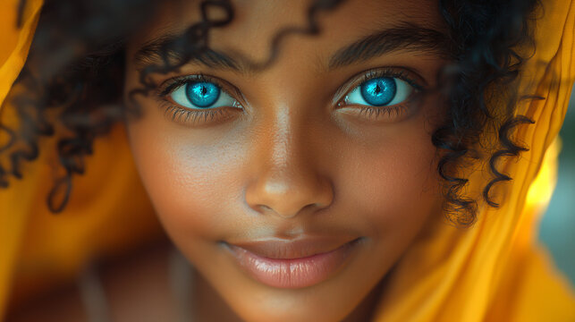Very beautiful black girl with blue eyes, curly hair. Natural woman beauty concept. Selective focus. Copy space.  