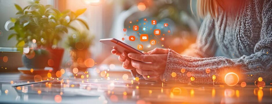 Person chatting online with smartphone in office,various icons,generative ai