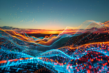 A digital dreamscape--waves of pixelated light cascade downward.