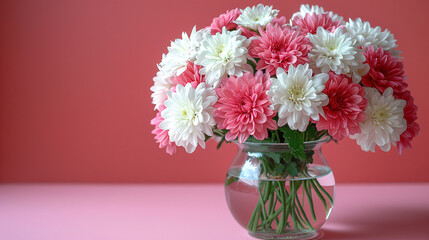 Bouquet of red and white chrysanthemums in a vase on a pink background