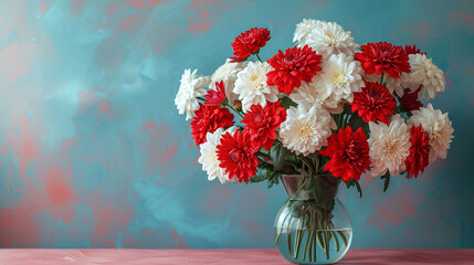 Bouquet of red and white chrysanthemums in a vase on a pink background