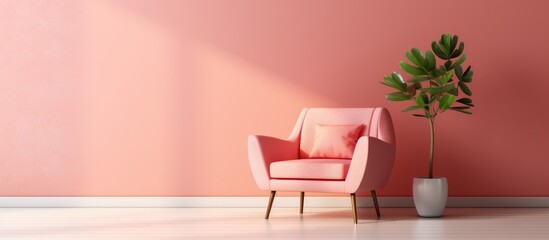 Modern mid century minimalist living room interior with vintage pink armchair and coral wall on white floor - obrazy, fototapety, plakaty