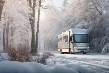 motorhome or big family van in a road trip, winter forest natural background