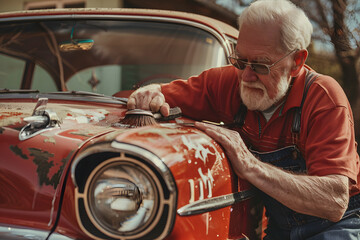 Vintage car journey: Senior white male polishing his classic car, ready for a ride, showcasing pride and nostalgia 