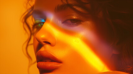 Woman contemplative face is bathed in the warm, golden hues of sunlight filtered through a prism, casting a pattern of light and shadows