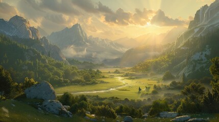 a painting of a mountain valley with a river in the foreground and the sun shining through the clouds in the background.