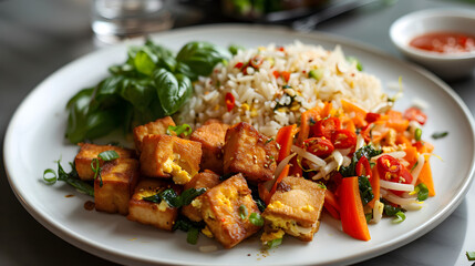 Fresh vegan tofu stir fry with rice and vegetables