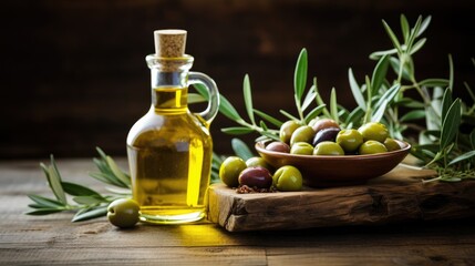 A glass bottle of olive oil on a wooden table with branches and olives.