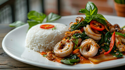 Spicy squid stir-fry with steamed rice