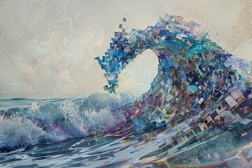 A digital glitch wave--each crest pixelated and fragmented.
