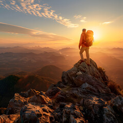 Fototapeta premium Adventure awaits: Senior male hiker with a backpack standing on a mountain peak, overlooking a breathtaking sunrise 