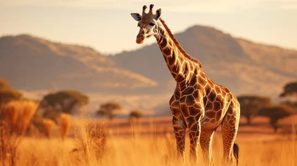 Gordijnen Giraffe in african savannah landscape, majestic wild animal standing among grasslands and trees © Ksenia Belyaeva