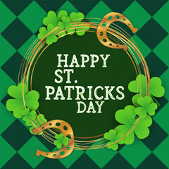 happy Saint Patrick's Day card poster, party invitation template, background, wallpaper, banner, template, web. green clover, golden horseshoe for good luck