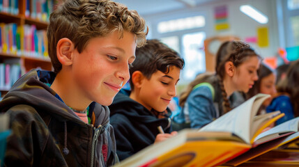Obraz premium Smiling boy engrossed in reading with peers at library. Young students immersed in literature during school hours. Educational and engaging reading session among children.