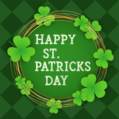 happy Saint Patrick's Day card poster, party invitation template, background, wallpaper, banner, template, web. green clover, golden horseshoe for good luck