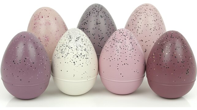 a group of painted eggs sitting next to each other on top of a white surface in front of a white background.