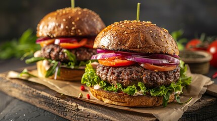 Gourmet cheeseburgers ready to be enjoyed. Juicy beef burgers stacked with fresh toppings. Mouth-watering cheeseburgers set against rustic backdrop.