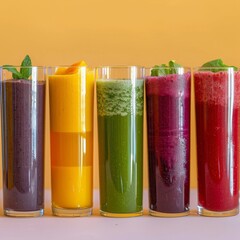 Fototapeta premium Spectrum of smoothies showcasing a variety of fruit and vegetable blends. Gradient presentation of healthy smoothies from berry to green vegetable flavors. Health-conscious smoothie