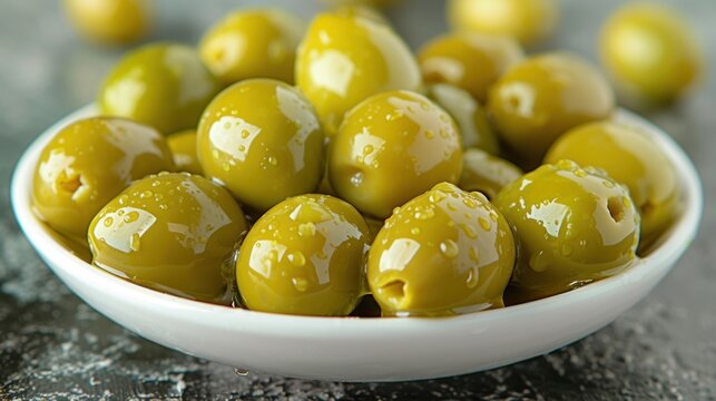 a white bowl filled with green olives sitting on top of a gray counter top next to other green olives.