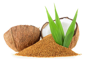 Two halves of coconut, green palm leaves and brown coconut sugar isolated on a white background. Healthy sugar alternative. - 753244121