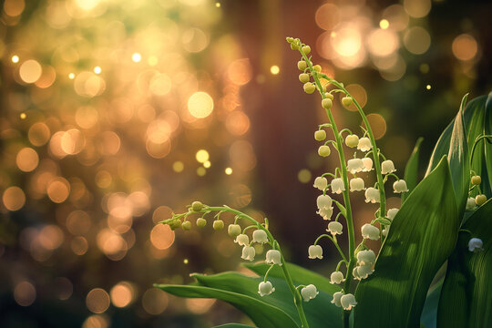  lily of the valley flowers with soft bokeh light in springtime.